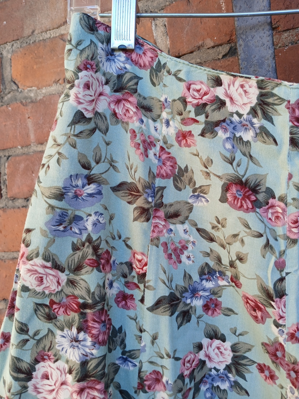 Floral Maxi Skirt in Sage Green with Pink Rose Print - Picture 5 of 6